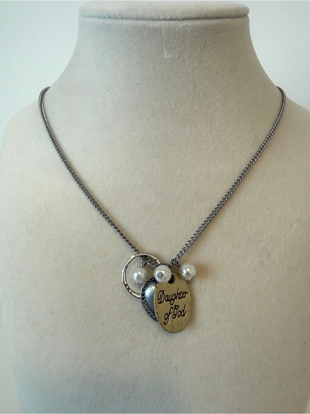 Daughter of God Silver-Tone Pendant Necklace with Pearl Accents